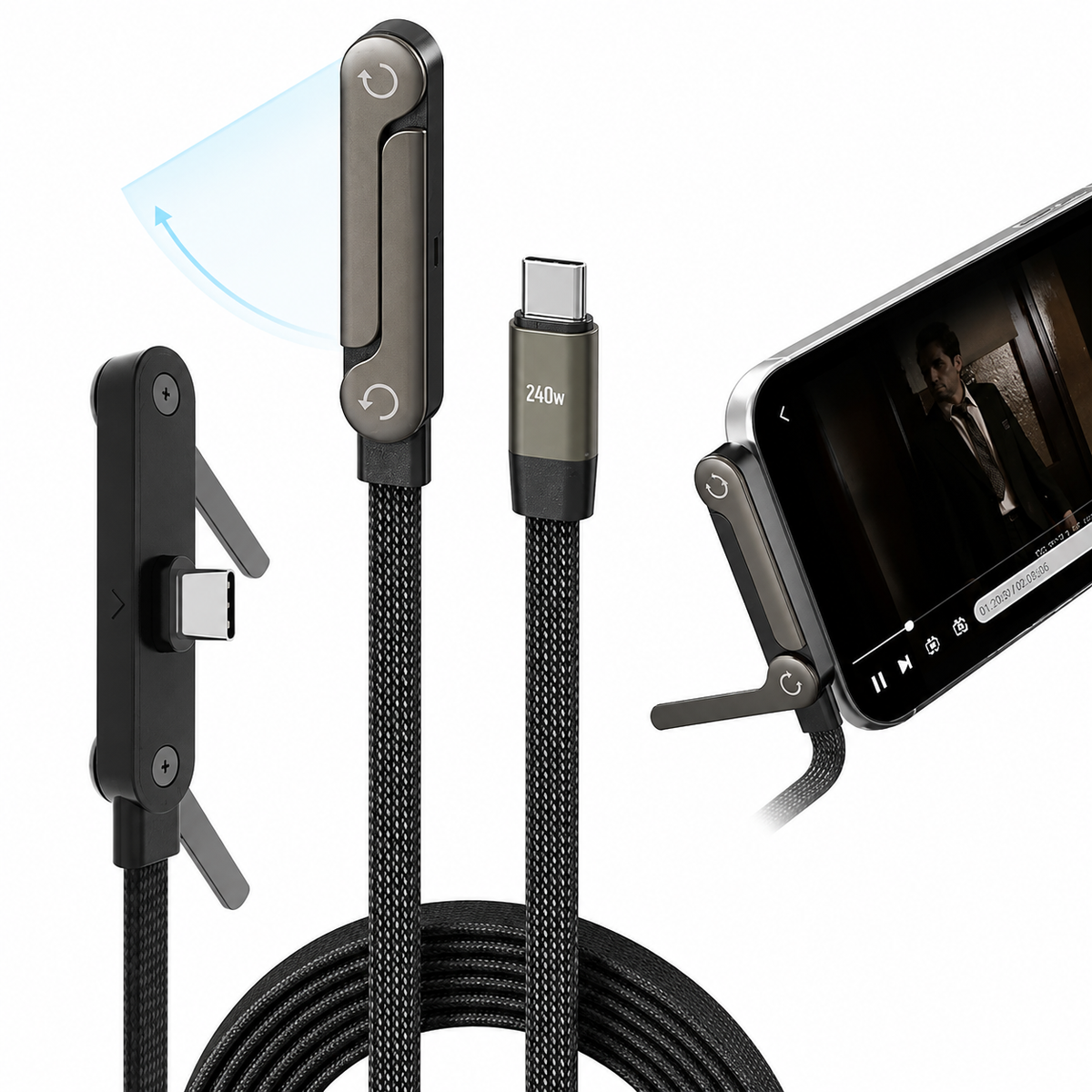 Cable Tipo C 2 en 1: Carga Rápida 240W y Soporte para Celular